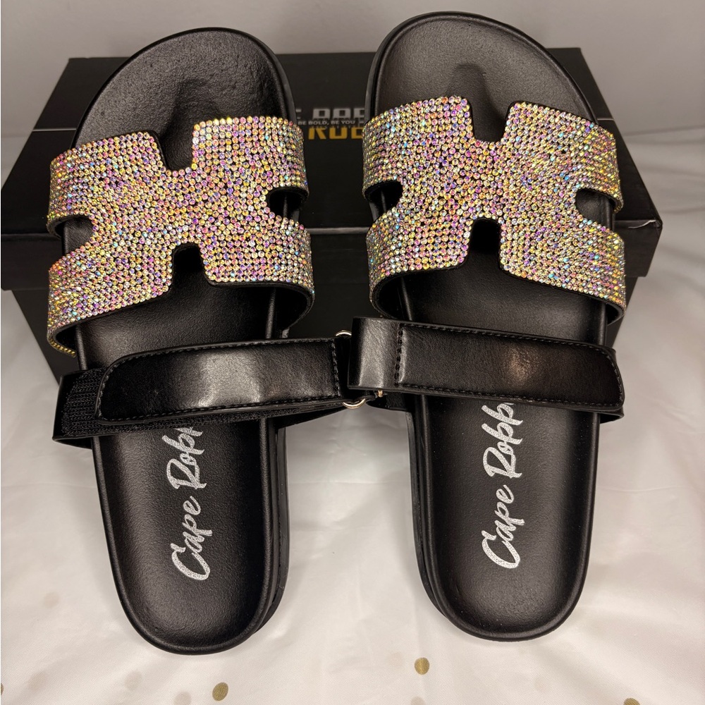 Cape Robbin Black Slides with Multicolor Rhinestones